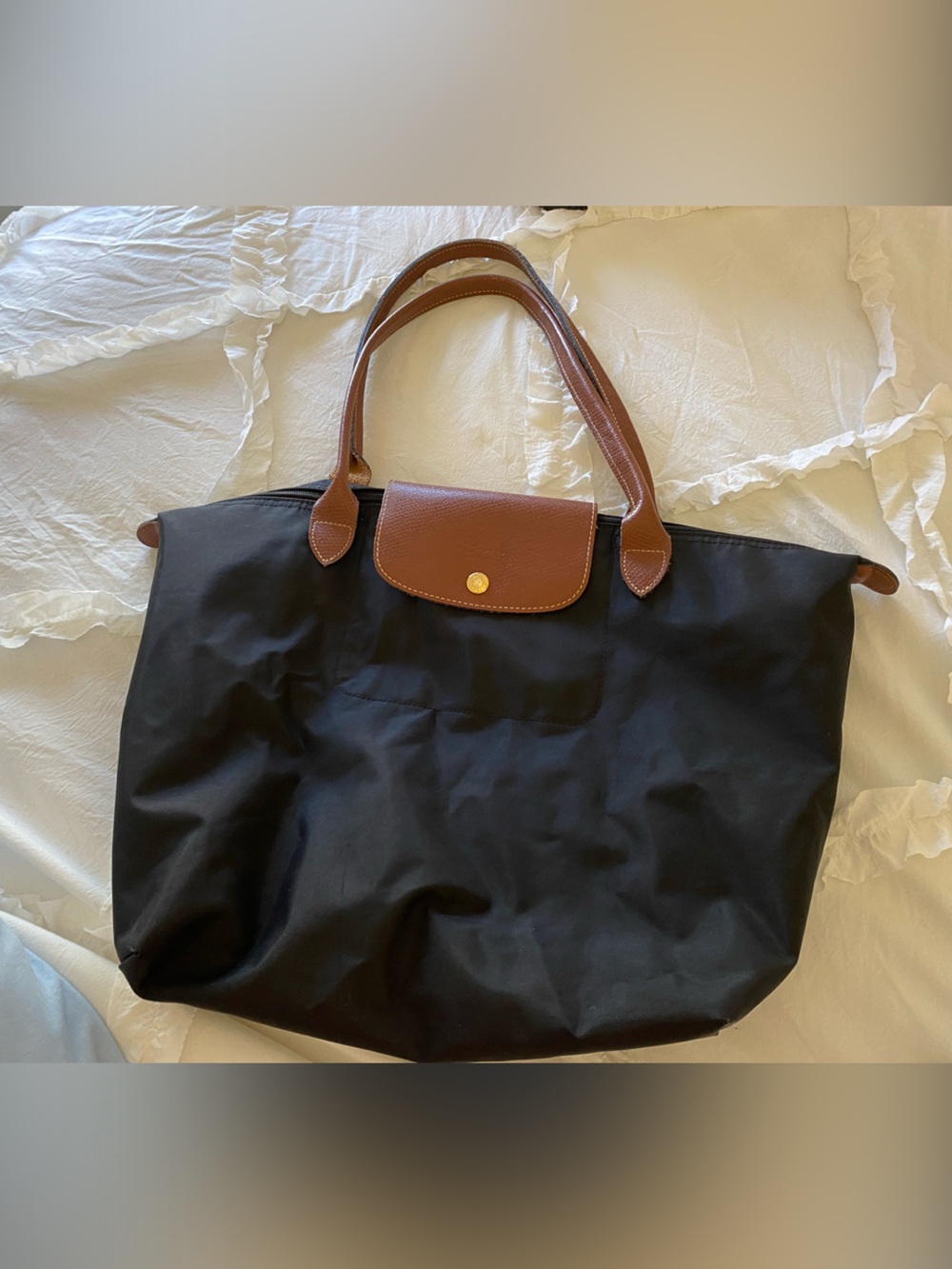 Longchamp Black Tote with Brown Leather Trim